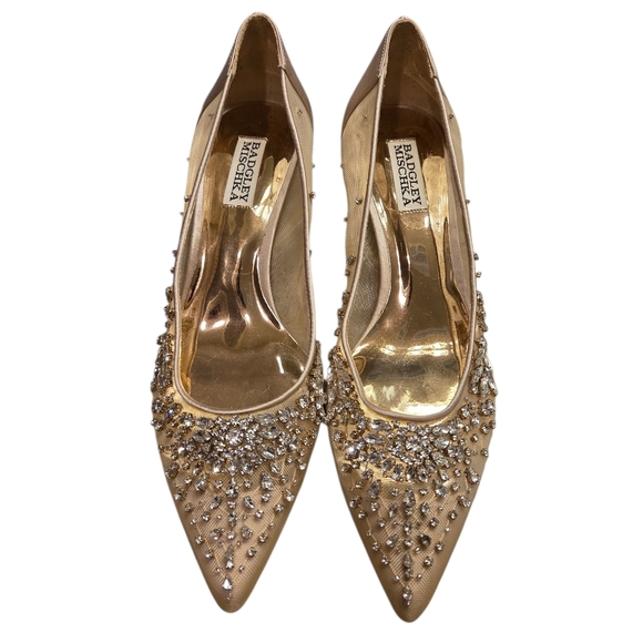 Badgley Mischka Onyx Crystal Studded Embellished Kitten Heel Pump Women 9 Gold - Picture 6 of 11